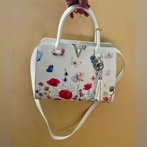 Crossi NY White Floral Satchel with Butterfly Design top handle/shoulder strap